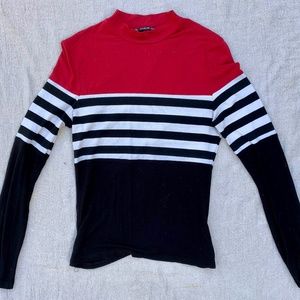 Fitted Red and Black Striped Long Sleeve Top